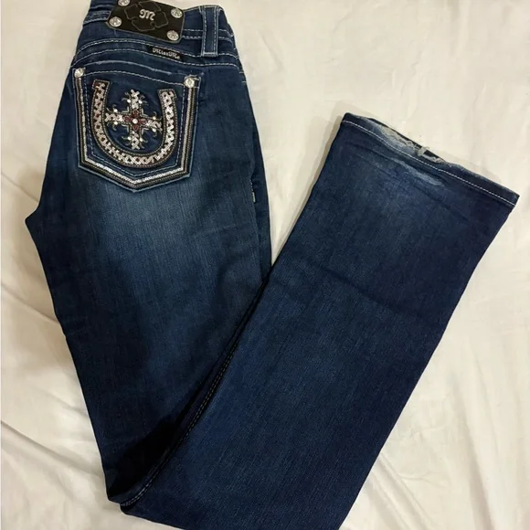 Miss Me Indigo Straight Leg Jeans with Embellished Cross Pocket - Picture 1 of 3